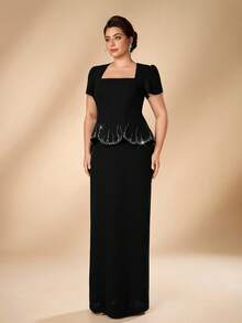 Serin Plus Size Elegant Formal Fashion Black Elastic Knit Vintage Stand Collar Puff Sleeve Petal Hem Rhinestone Back Slit Bodycon Straight Long Gown - Black - View 1