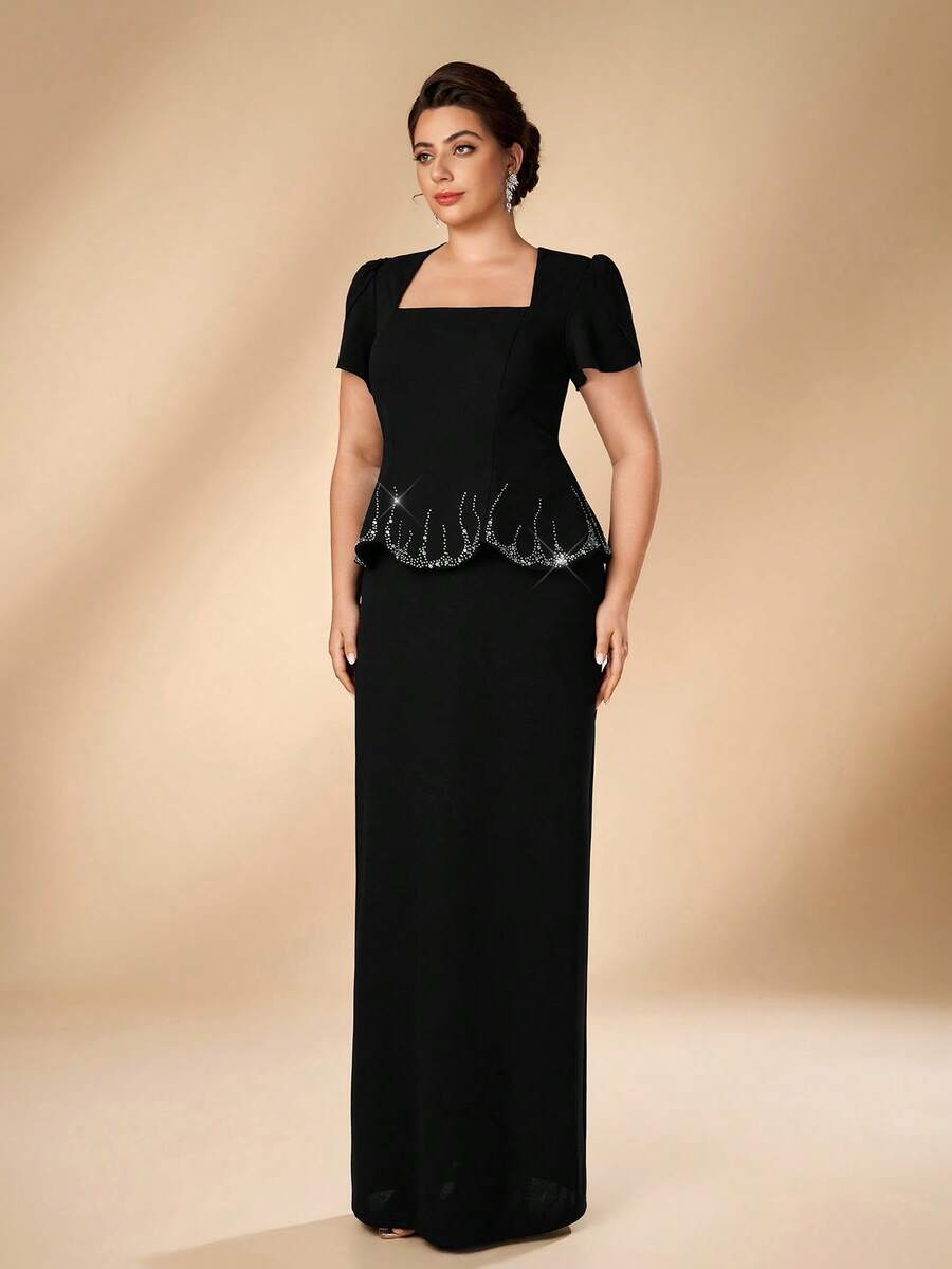 Serin Plus Size Elegant Formal Fashion Black Elastic Knit Vintage Stand Collar Puff Sleeve Petal Hem Rhinestone Back Slit Bodycon Straight Long Gown - Black - View 1