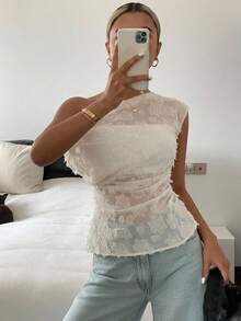 DAZY Women's Elegant Lace Asymmetric Ruched Asymmetrical Shoulder Blouse, Summer - Beige - View 14
