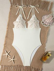 Bonvoyette Bandeau + 3D Floral Beading: The 3D Floral And Pearl/Rhinestone Beading On The Chest Is Its Signature Design, Bringing A Sense Of Sophistication And Vintage Atmosphere, Perfect For Photos. One-Piece Cut + Side Tie: The One-Piece Silhouette Can Effectively Flatter The Waist And Abdominal Lines, Suitable For Beach Vacations, Hot Springs, And Pool Photos. - Beige - View 2