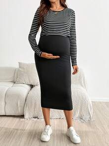 SHEIN Umstandskleid mit Streifen und Farbblock, Stillfunktion, lässig für den Alltag - Schwarz und Weiss - Übersicht 3