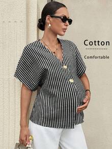 MaterniWear 孕婦條紋拼接單排扣休閒百搭日常出遊襯衫 - 黑與白 - 查看 2