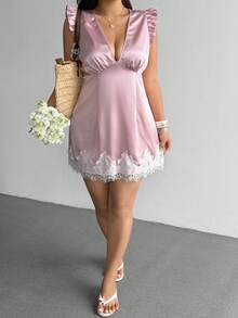 Sunnyshic Plus Size Summer Elegant Lace Patchwork Dress - Pink - View 5