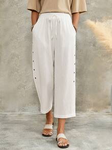 EMERY ROSE Women's Solid Color Waist Tie Pocket Button Design Casual Boho Cropped Pants Going Out Holiday Vacation Outfits White Summer - White - View 6