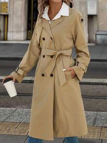 Editum 女款優雅落肩長袖雙排扣長款防水休閒風衣，適合秋季旅行與商務場合 - 卡其色 - 查看 6