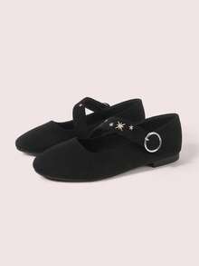 CUCCOO DOLLMOD Sepatu Mary Jane Ujung Bulat dengan Kancing Bordir Bintang, Sepatu Flat Hak Rendah Suede Hitam Gaya Retro Sastra - Hitam - View 2