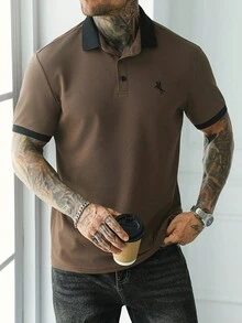 Manfinity Homme 男士刺繡對比羅紋領短袖 Polo 衫，成熟休閒風，適合送給丈夫/男友，假期、約會禮物 - 卡其色 - 查看 5