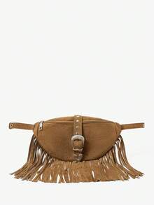 Viva Strut Women's Retro Hardware Buckle And Rivet Tassel Waist Bag/Chest Bag, Brown, Fashionable Personalized Street Style, Sweet And Cool Girls Y2K - Suede Brown - View 3