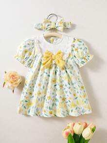 SHEIN Newborn Baby Pink Dress & Bow Headband Set, Cute Princess Style - Yellow - View 2