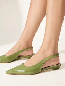 CUCCOO CHICEST Solid Color Sloping Heel Short Heel Premium Elegant Fruit Green Patent Leather PU Glossy Women's Flat Shoes Dew With Commuter Dating Daily - fruit green - View 2