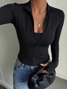 DAZY Women's Solid Color Elastic Mock Neck Fitted Long Sleeve Jacket, Sports Casual,Spring Autumn - Black - View 10