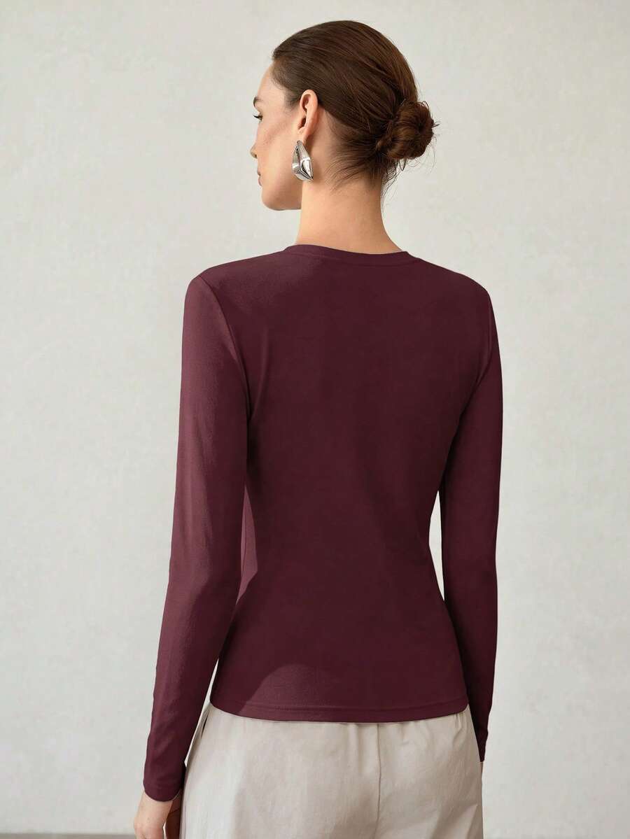 MOTF PREMIUM HIGH ELASTICITY SKIN-FRIENDLY SOLID COLOR ROUND NECK SLIM FIT FLATTERING FASHION LONG SLEEVE VERSATILE WOMEN'S BASE LAYER TOP - Burgundy - View 2