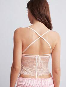 Elorette White Lace Satin Backless Open Back Floral Pattern Elegant Sexy Romantic Tie Strap Women's Top Women's Camisole Women's Sleepwear Top - White - View 2