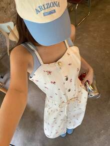 FRIFUL 女款碎花細肩帶牛仔連身褲 夏季野餐度假米白色可愛鄉村風休閒早午餐 - 白色 - 查看 4