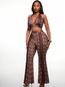 Radiana Plus Size Women's Fashion Sexy 2-Piece Set: Ring Design Snake Print Halter Deep V-Neck Top + Matching Flare Pants Set, Suitable For Party, Daily Wear - Multicolor - View 6