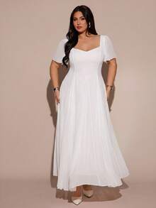 SHEIN BAE 大尺碼女款純色心形領荷葉邊短袖優雅洋裝 - 白色 - 查看 4