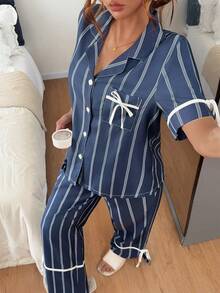 Napfluff 女款條紋印花休閒家居服套裝，對比色翻領短袖上衣搭配長褲，適合居家與戶外穿著 - 彩色 - 查看 5