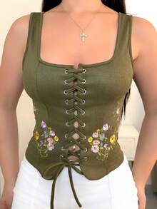 Vassilux 女款刺繡綁帶麂皮綠色軍裝上衣，波希米亞風，適合音樂節休閒夏季穿搭 - 軍綠色 - 查看 5