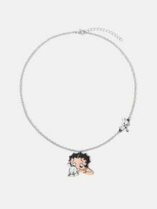Betty Boop x SHEIN New Creative Cartoon Pattern Printed Pendant Necklace, IP Joint Design, Lovely Personalized, Simple And Generous, Can Also Be Used As Accessories, Suit - Platinum - View 4