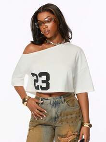 ROMWE Camiseta Oversized Casual Streetwear Estilo Callejero para Mujer con Gráfico del Número 23 Vuelta al Cole Uso Diario Estudiante Blanco y Negro Verano Escuela - Blanco - Ver 4