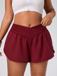 SHEIN Rhythm Era Shorts deportivos casuales para mujer talla grande con cintura cruzada y bolsillos - Granate - Ver 3