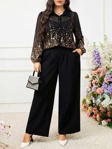 Modelyn 大尺碼女款亮面印花燈籠袖單排扣優雅襯衫 - 彩色 - 查看 3