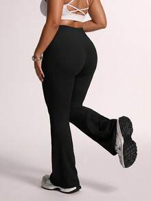 Velisys Velisys 2pcs Plus Size Flare Pants Black & Dark Brown Knit Seamless Crossover Waist Sexy New Style Suitable For Spring Summer Autumn Winter Outdoor Wear - Multicolor - View 5