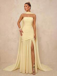Lumalex Gaun Chiffon Musim Panas Elegan Warna Kuning Muda, Gaun Formal untuk Prom, Pernikahan, Pengiring Pengantin, Model Ekor Ikan, Leher Halter (Payet yang Dapat Dilepas), Bagian Dada Berkerut, Jaring Transparan - Kuning - View 5