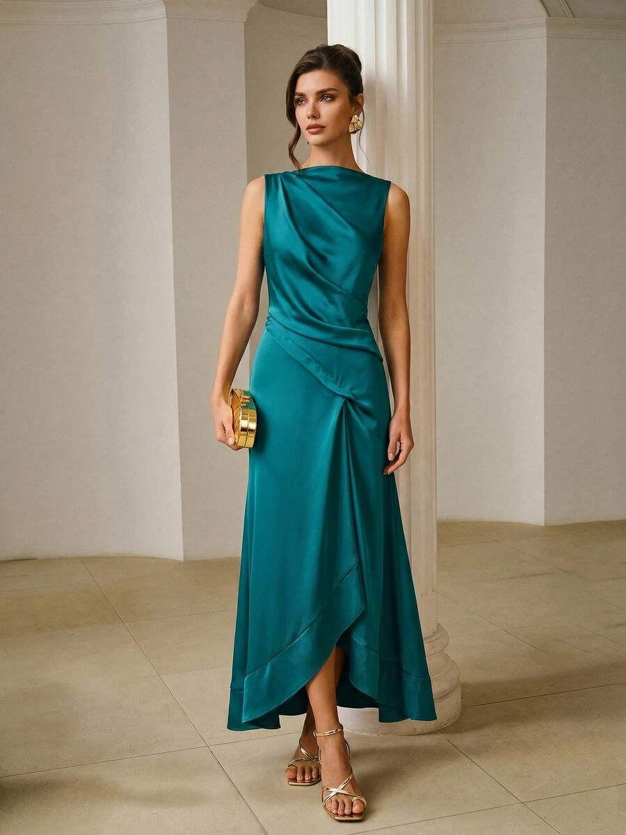 ZEYLAH Vestido ajustado con fruncido asimétrico, primavera/verano - Agua verde azul - Ver 1