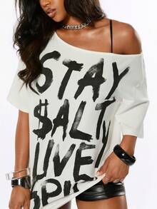 ROMWE Summer Slogan Punk Street Style Hot Girl Splatter Print Design Minimalist Asymmetric Neck Loose T-Shirt - White - View 2
