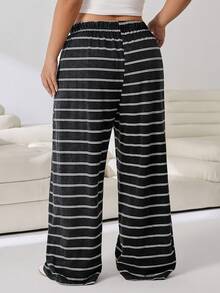 Solflare Plus Size Women's Spring Summer Autumn Casual Vacation Daily Commute Color Block Striped Print Drawstring Waist Loose Wide Leg Long Pants - Multicolor - View 2
