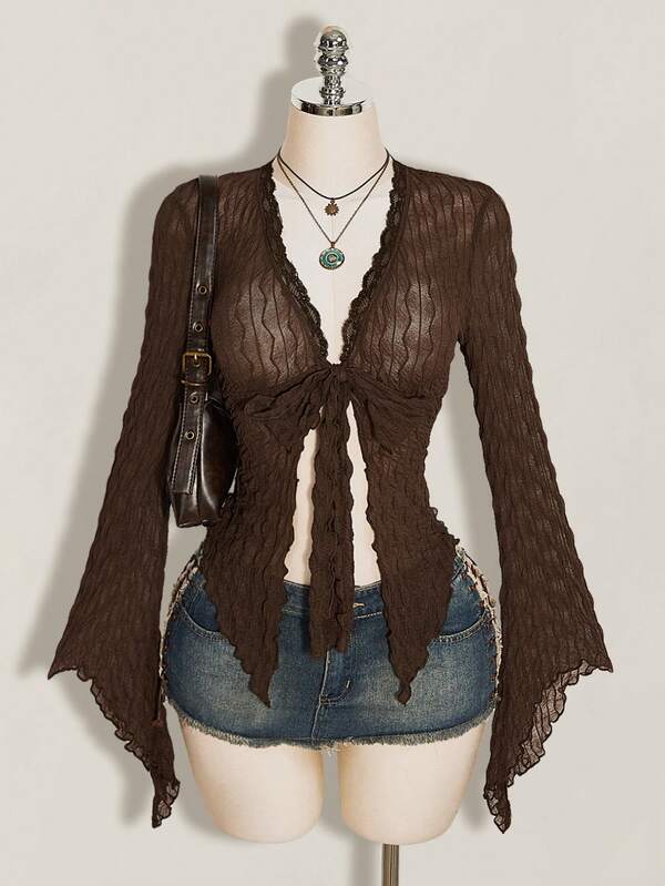 SHEIN ICON Asymmetrical Hem Bell Sleeve Vintage Sexy Flocked Mesh Sheer Open Front Women's Top Night Out Shades Of Brown Summer