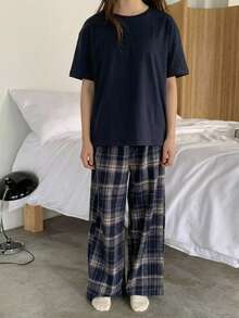 DAZY 青少年女孩格紋長袖T恤與寬鬆直筒長褲休閒睡衣夏季款 - 藏蓝色 - 查看 4