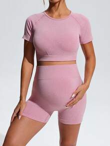 SHEIN 孕婦純色插肩袖短袖T恤與短褲套裝 - 粉色 - 查看 8