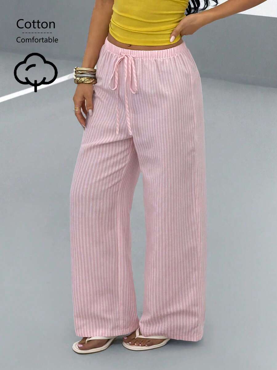SHEIN PETITE 女款休閒寬鬆條紋長褲 - 粉色 - 查看 1