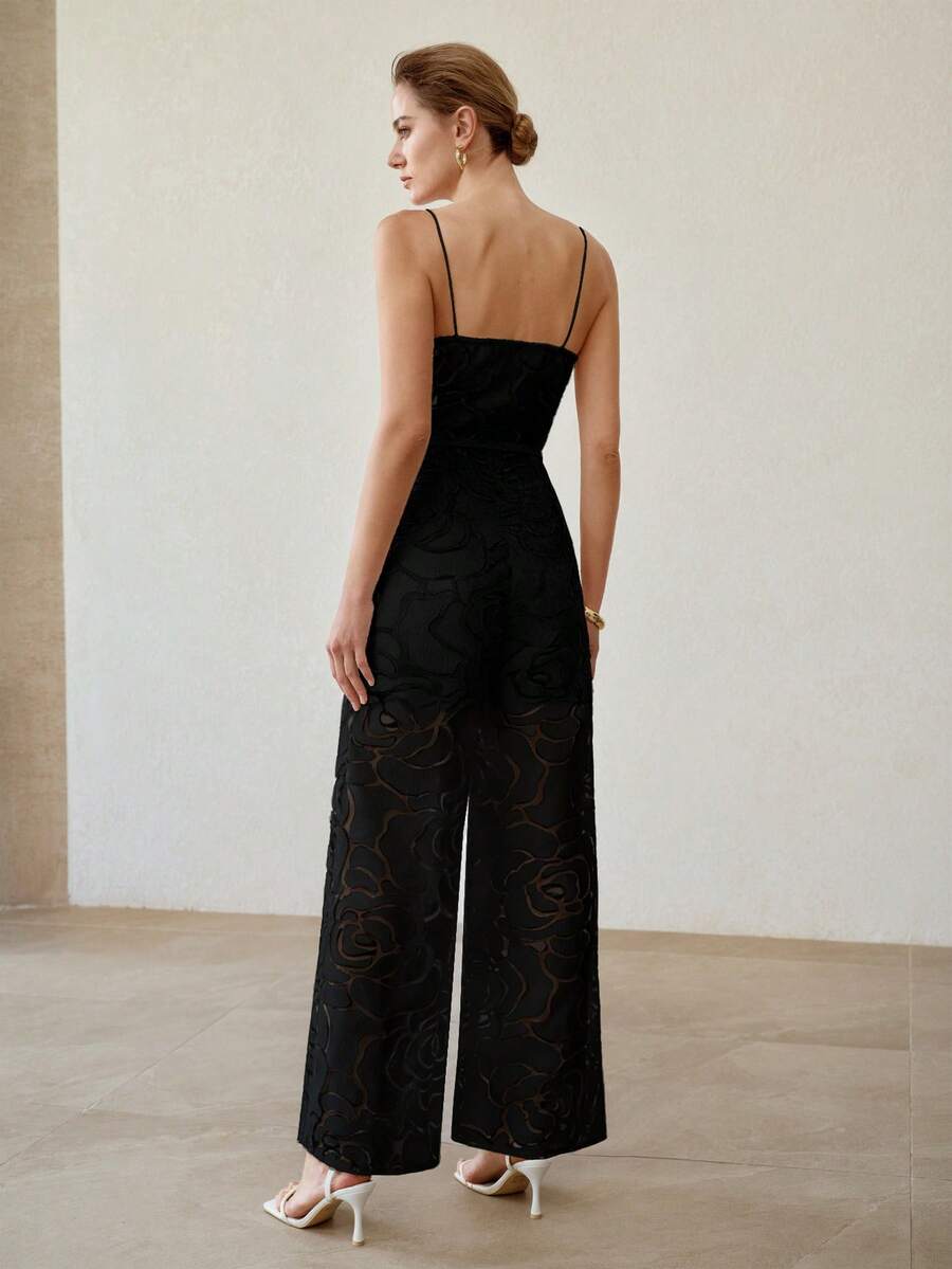 MOTF PREMIUM SUMMER ARTISTIC ROSE TEXTURED SPAGHETTI STRAP FASHION ELEGANT WAIST-CINCHING SLIMMING WOMEN'S JUMPSUIT - Black - View 2