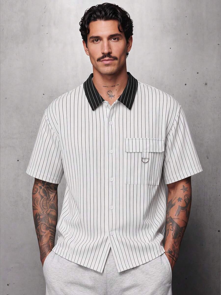 GETOML 男士白色細條紋寬鬆短袖襯衫,對比領,大廓形街頭風 - 白色 - 查看 1