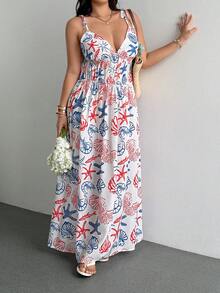 SHEIN SunnyBelle Elegantes Damen-Maxikleid in Große Größen für Strandurlaub mit Muschel- und Schnecken-Blumenprint, geraffter Taille, Spaghettiträgern und Bindeband - Blau-Weiß - Übersicht 8