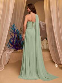 Glamrae Elegant And Luxurious Chiffon Pleated Craftsmanship, Hand-Decorated With Diamonds, Boat Neck With Flowing Sequins And Extra-Large Flared Skirt Trailing, Women's Formal Evening Gown - Mint Green - View 2