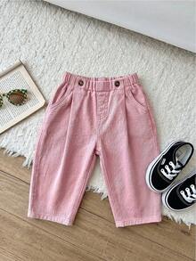 SHEIN LMoss Kids 女婴宽松口袋休闲阔腿牛仔裤 - 粉色 - 查看 8