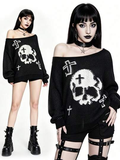 Goth Women's Dark Skull Towel Embroidery Asymmetric Collar Sweater