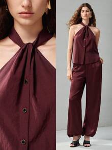 MOTF PREMIUM Top de mujer sin mangas con cuello halter y detalle de nudo en TENCEL LYOCELL - Café integral - Ver 1