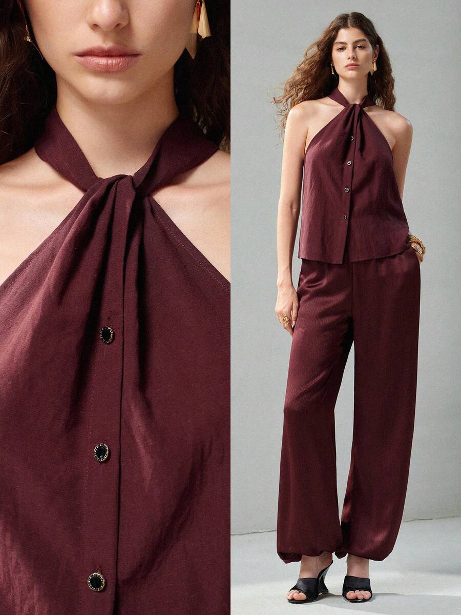 MOTF PREMIUM Top de mujer sin mangas con cuello halter y detalle de nudo en TENCEL LYOCELL - Café integral - Ver 1