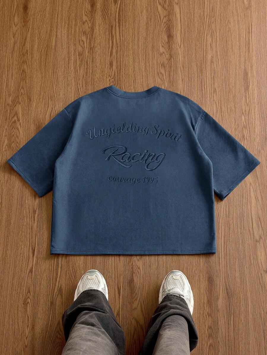 SWAVVY Men's Summer Casual Loose Fit Short Sleeve T-Shirt Green Standard Size Front And Back Embroidered - Blue - View 1