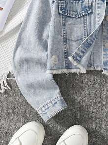 SHEIN Tween Girls Denim Jackets Coats Autumn Winter Vintage Streetwear Casual Light Blue Washed Distressed Fitted Short Jacket Soft Fabric School Holiday - Light Wash - View 8
