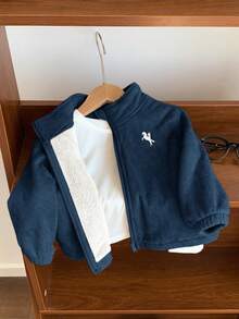 SHEIN 男嬰可愛秋冬麂皮保暖內裡立領夾克，卡其色拉鍊外套，適合室內、戶外、日常、運動、玩耍、派對、拍照、度假、節日、電音派對 - 藏蓝色 - 查看 5
