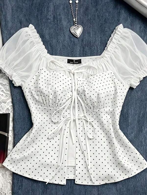 Sweetra Plus Size Sweet & Cute Polka Dot Bow Tie 2 In 1 Blouse