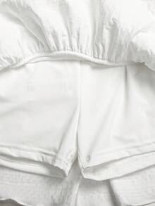 SHEIN Tween女孩 2件套休閒運動學院風返校穿搭，純色紋理迷你裙，內建內搭褲雙層荷葉邊蛋糕裙 - 黑與白 - 查看 5
