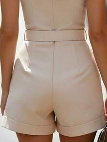 SHEIN LUNE Jumpsuit Musim Panas Tanpa Lengan dengan Trim Warna Kontras dan Kerah Berlipat, Desain Dekorasi Lipit yang Modis - Aprikot - View 3