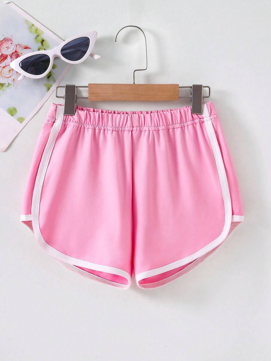 SHEIN 青少年女孩條紋拼接休閒百搭短褲 - 粉色 - 查看 1